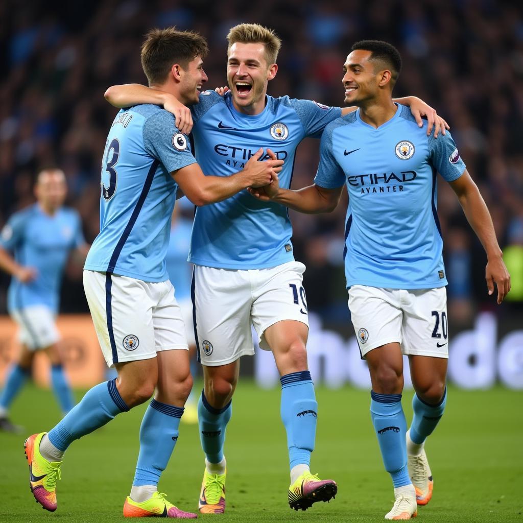 Haaland celebrates a goal with Man City teammates