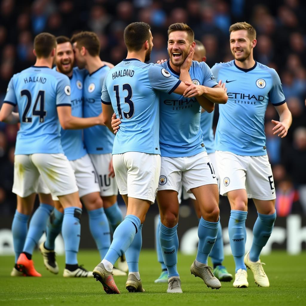 Haaland celebrates with teammates after scoring for Manchester City