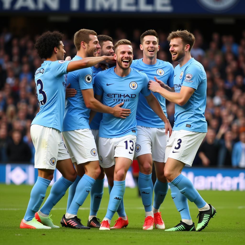 Haaland celebrating a goal with Man City teammates