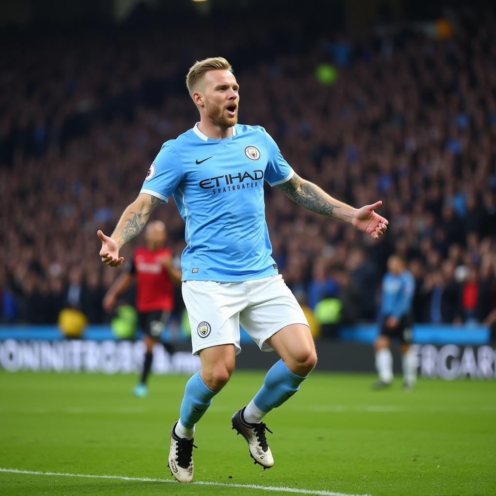 Erling Haaland celebrating a goal in a Man City jersey