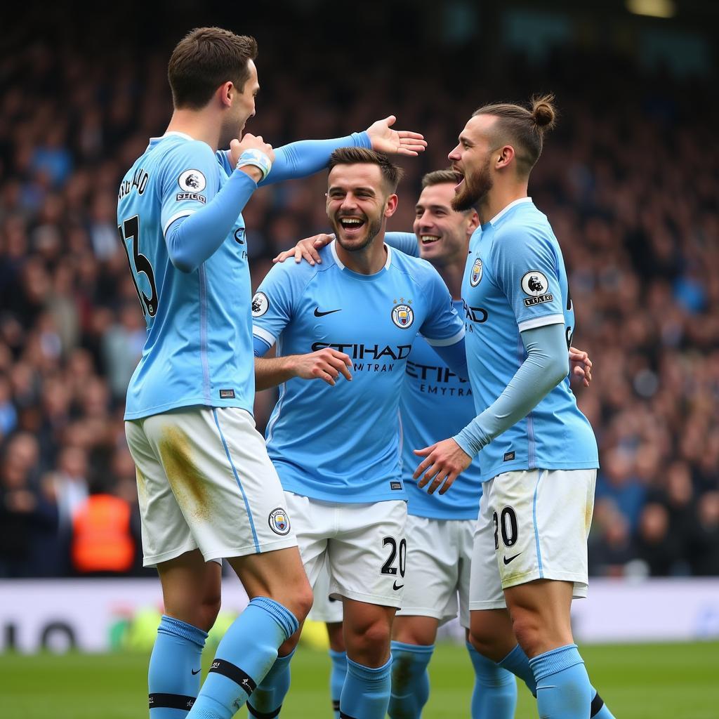 Haaland celebrating with Man City teammates