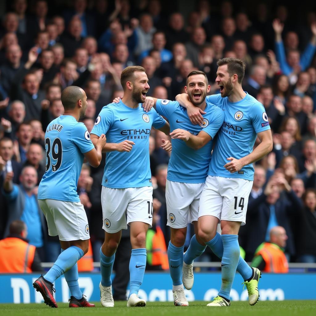 Haaland celebrating a goal with Man City teammates