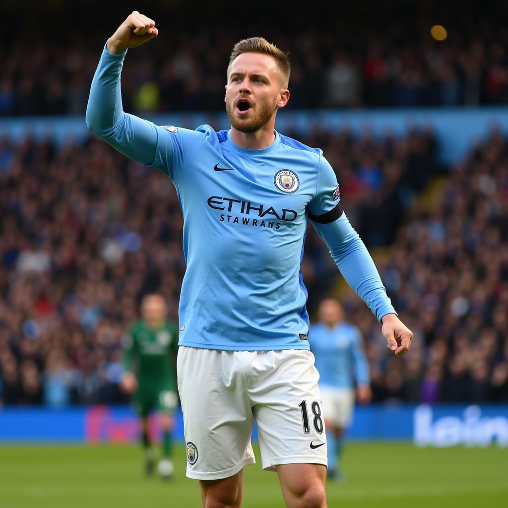 Haaland celebrating a goal in a Man City jersey