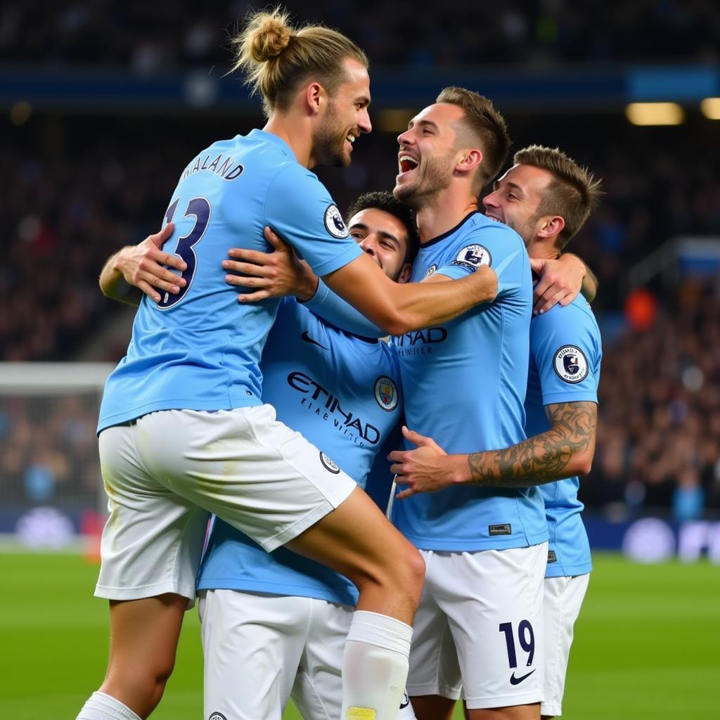 Haaland celebrating with Man City teammates