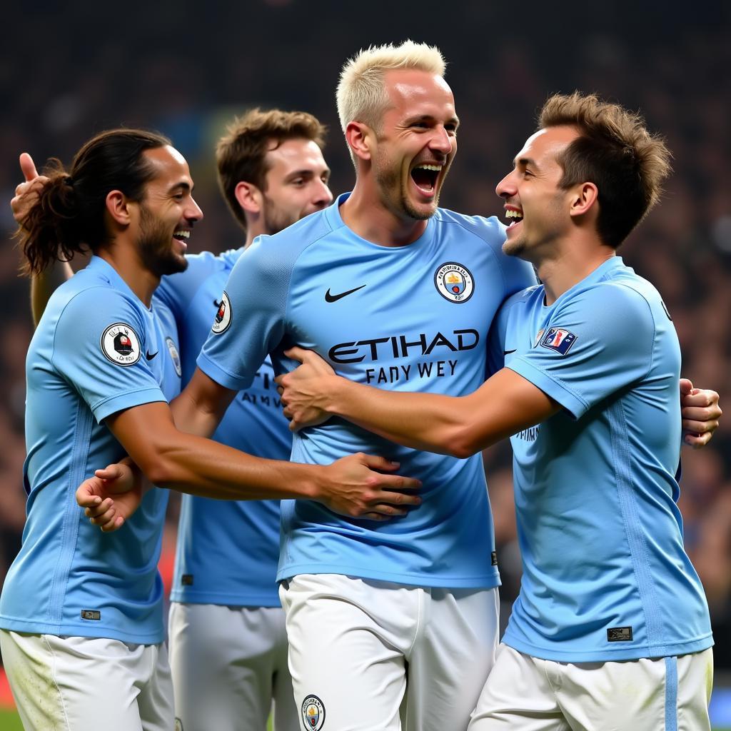 Haaland celebrates a goal with his Manchester City teammates