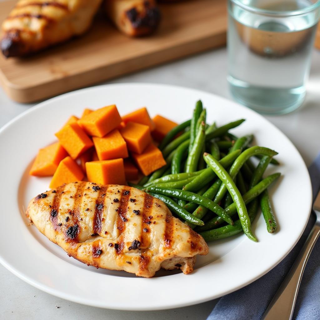 Haaland's dinner: Grilled chicken, sweet potatoes, and vegetables.