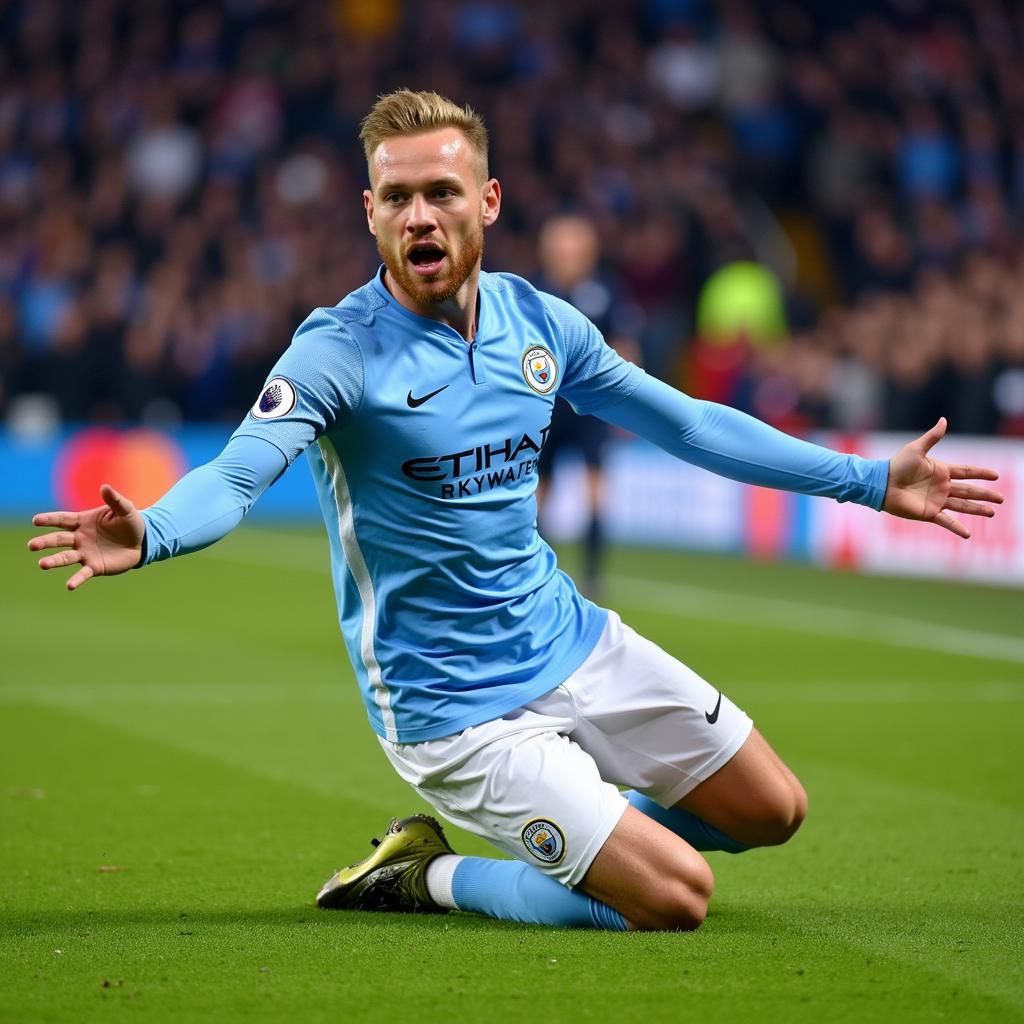 Haaland celebrating a goal in a Manchester City jersey