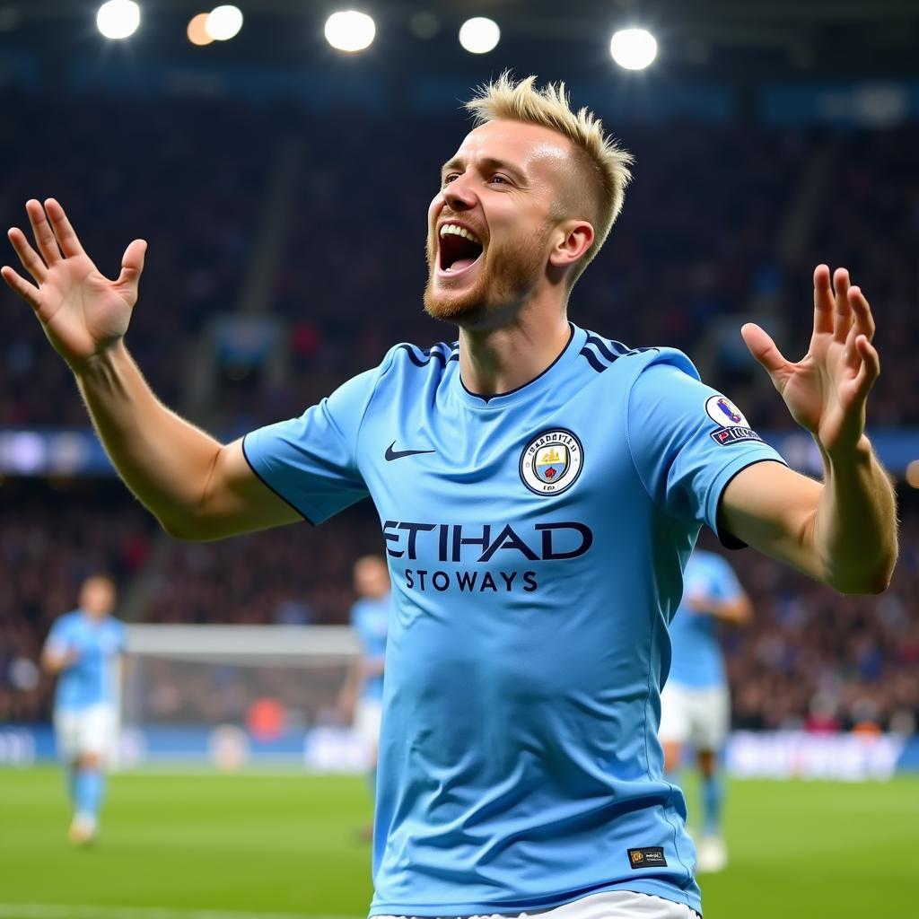 Haaland celebrates a goal in his Man City jersey