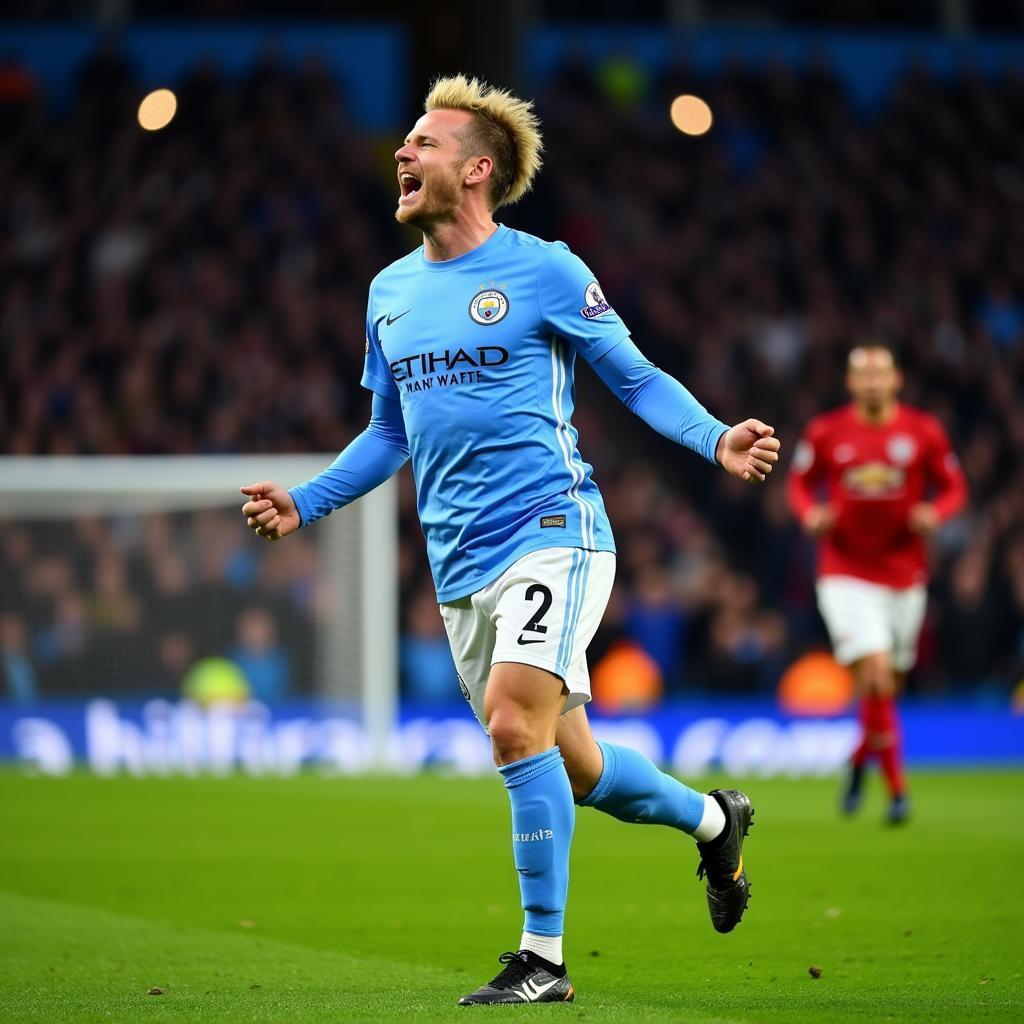 Haaland Celebrating a Goal in his Man City Kit