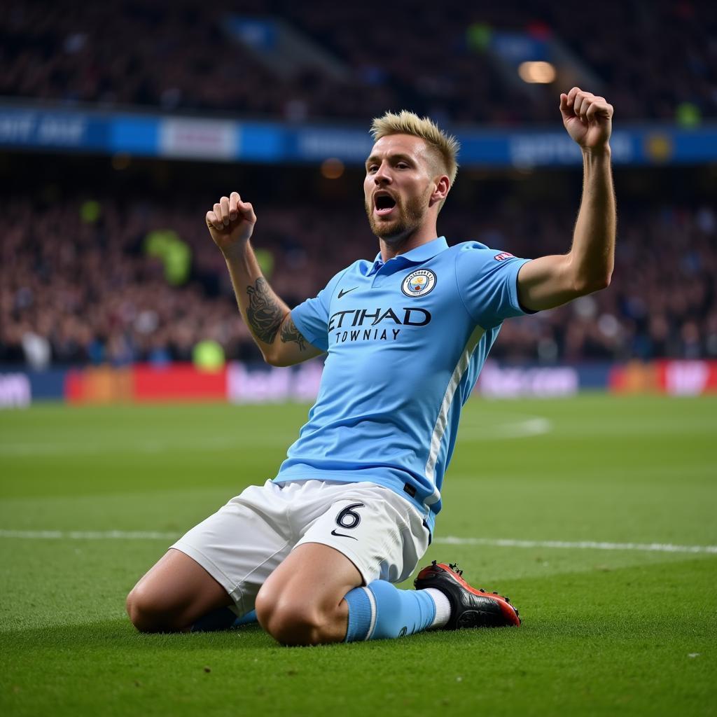 Haaland celebrating a goal in the new Man City kit.