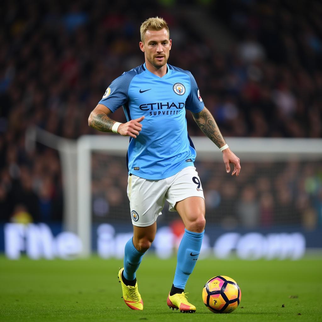 Erling Haaland in action for Manchester City wearing the number 9 jersey