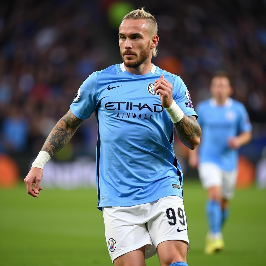 Erling Haaland in action for Manchester City, wearing the number 9 jersey.