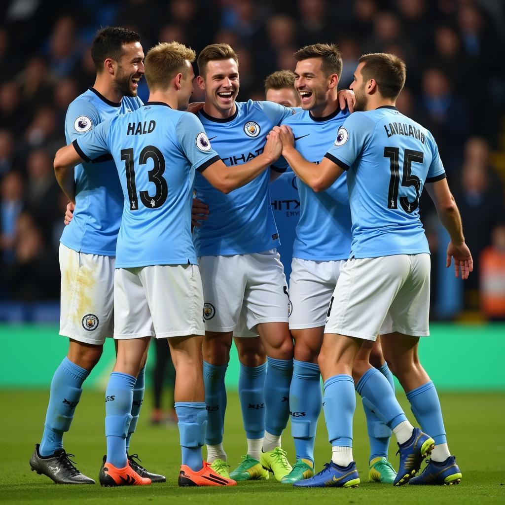 Erling Haaland Celebrating with Man City Teammates