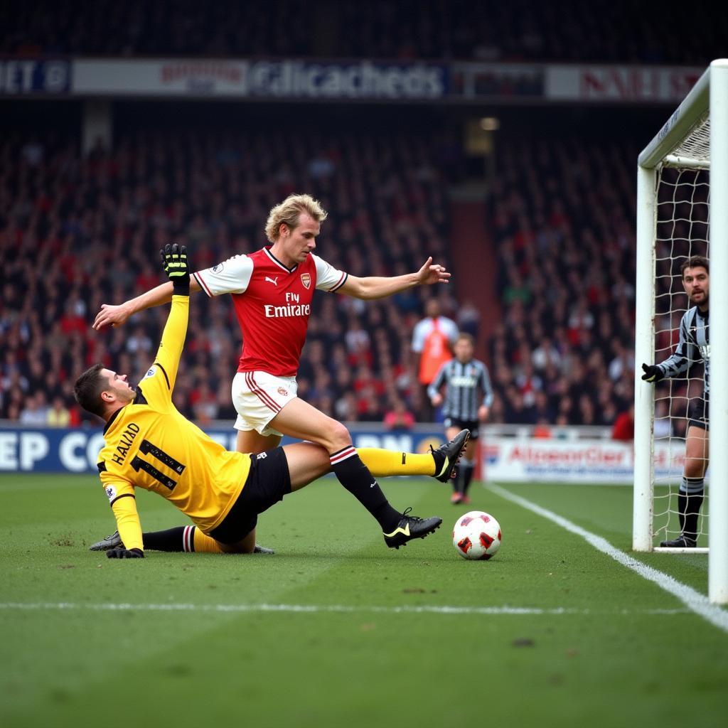 Erling Haaland scoring against Arsenal for Manchester City