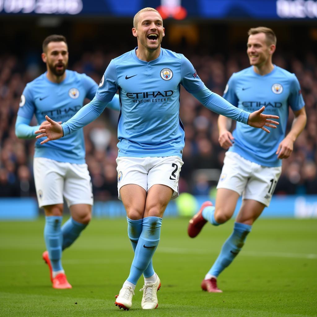 Haaland celebrating a goal in a Manchester City jersey.