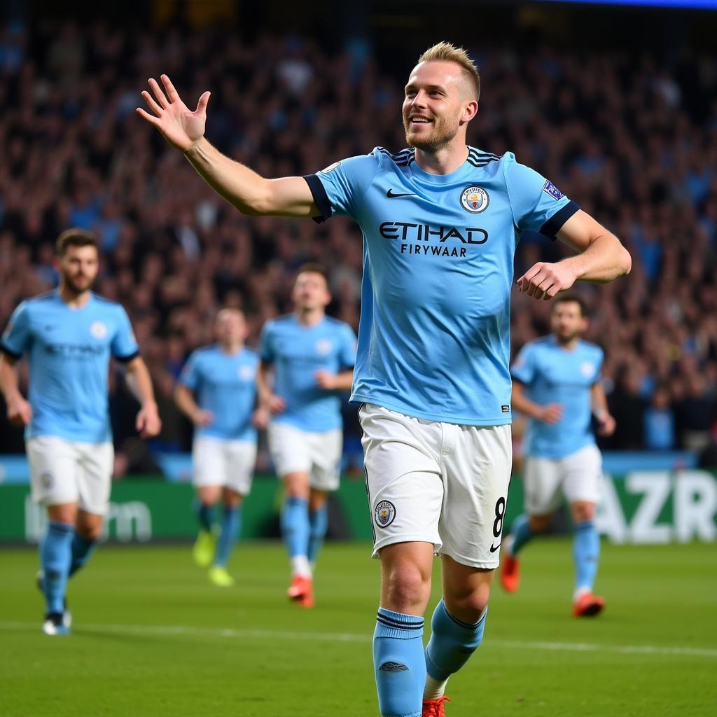 Erling Haaland celebrating a goal in a Manchester City jersey