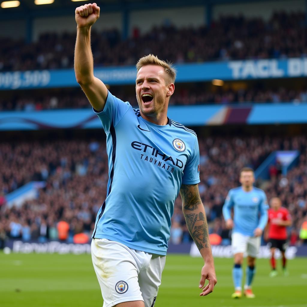 Erling Haaland celebrating a goal in a Manchester City jersey