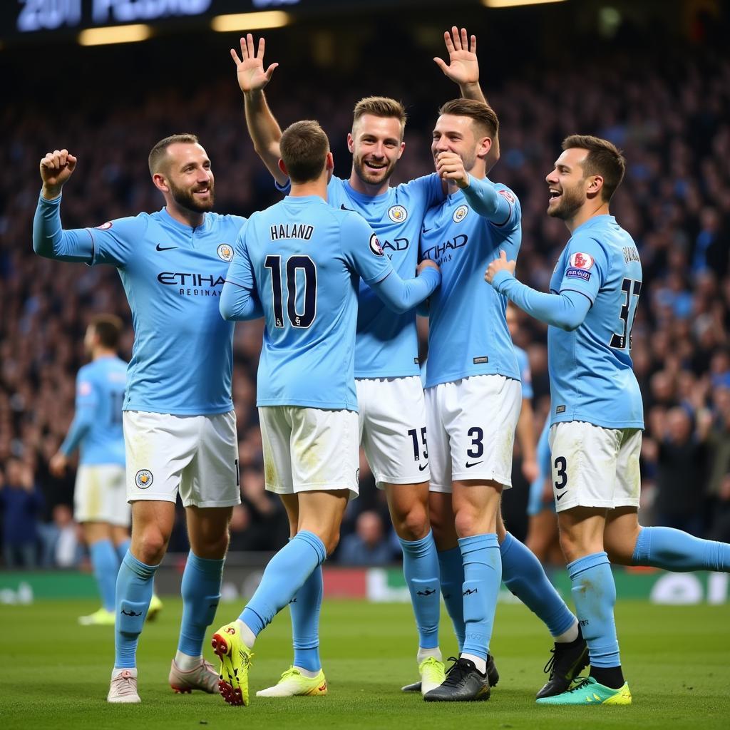 Erling Haaland Celebrates a Goal with Manchester City Teammates