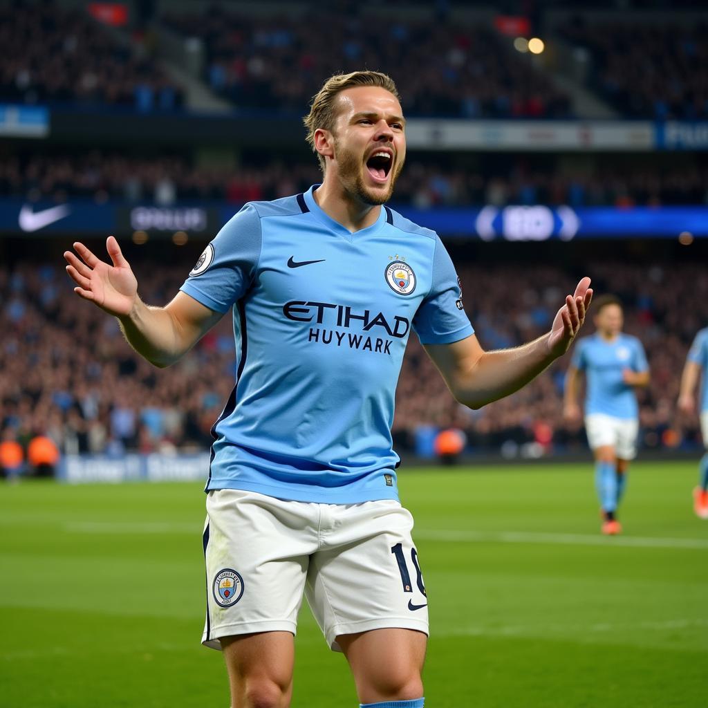 Haaland celebrating a goal in a Manchester City kit