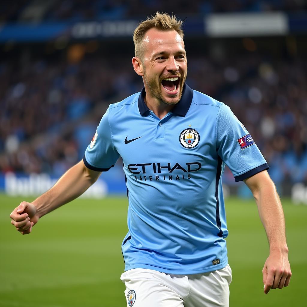 Haaland celebrating a goal in a Manchester City jersey