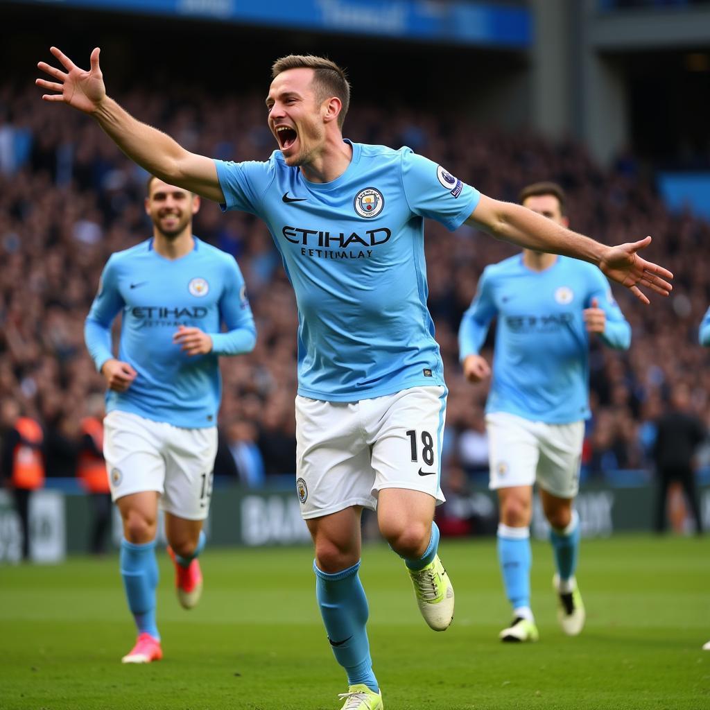 Haaland celebrates a goal in a Manchester City jersey.