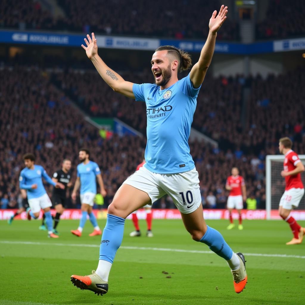 Erling Haaland celebrating a goal for Manchester City.