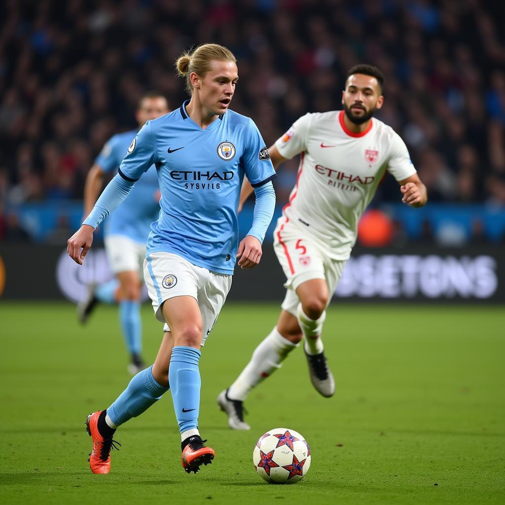 Erling Haaland playing for Manchester City in the Champions League 2023, aiming for the Pallone d'Oro.