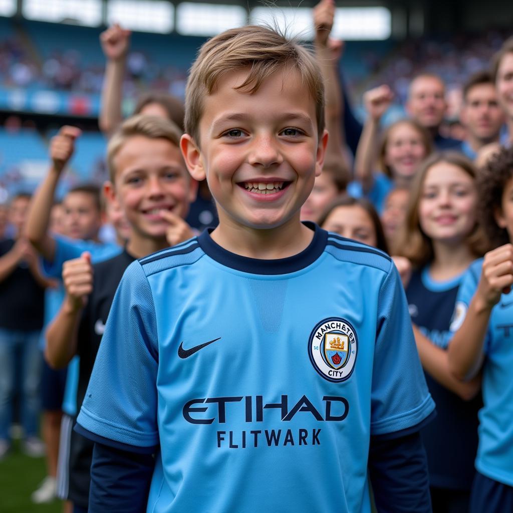 Young fan wearing a Haaland Manchester City jersey