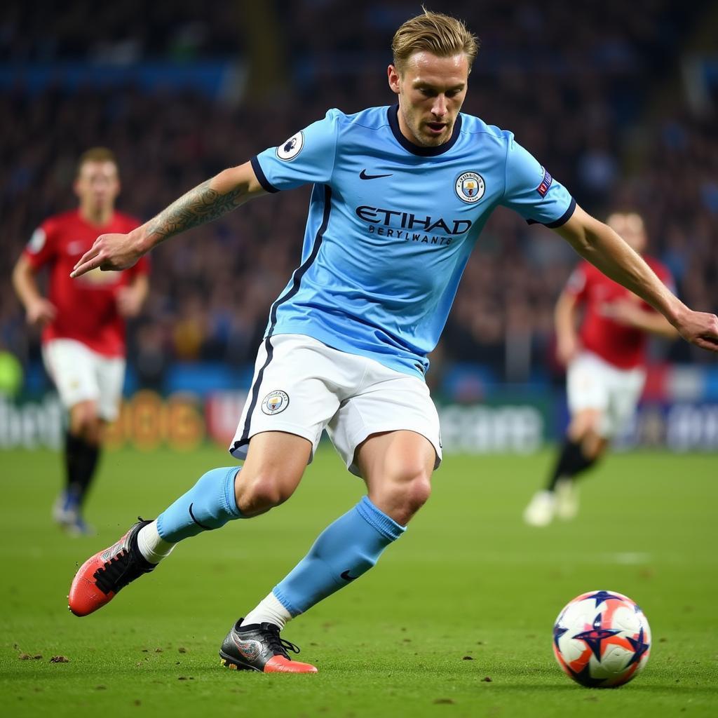 Haaland scoring a goal for Manchester City