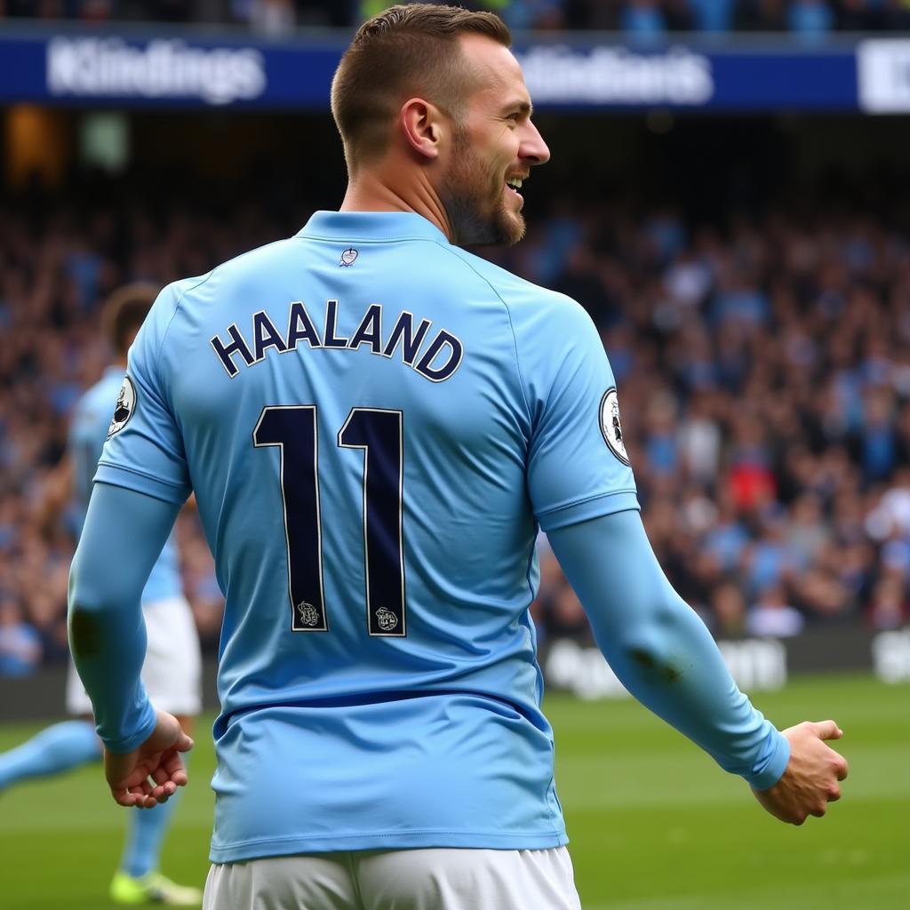 Haaland celebrating a goal in his Manchester City kit