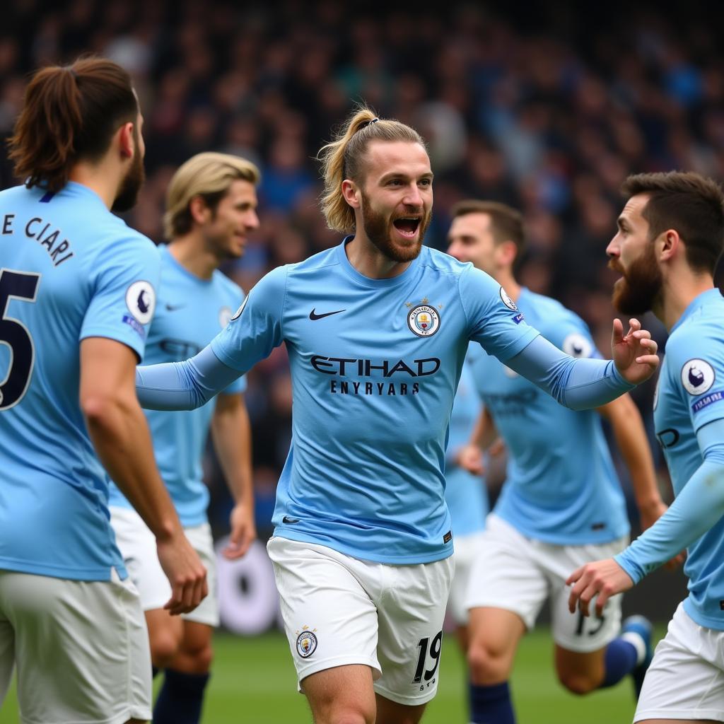 Erling Haaland celebrates a goal for Manchester City in the Premier League