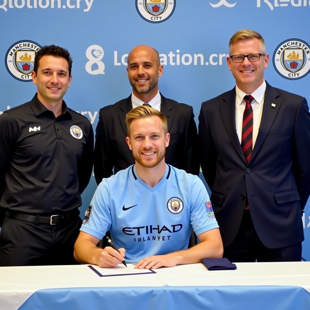 Erling Haaland signing his contract with Manchester City