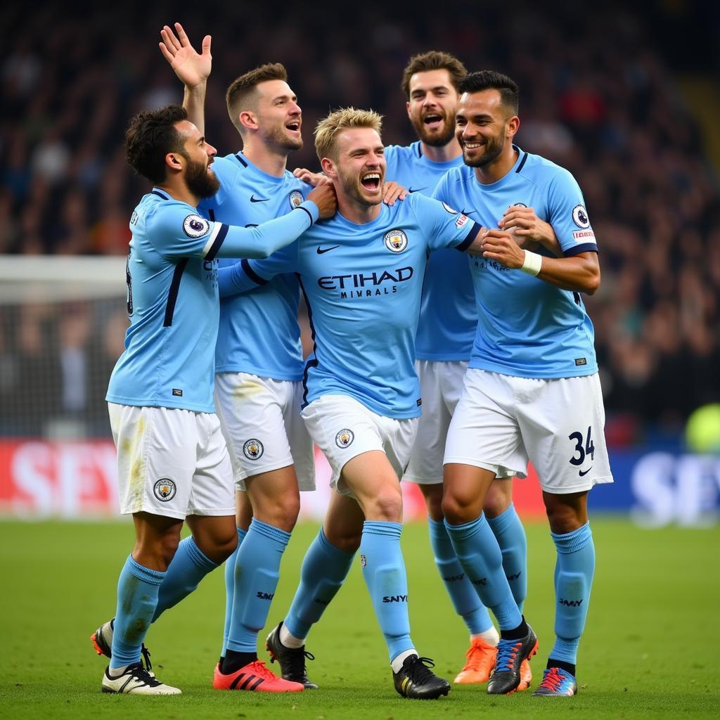 Haaland celebrating a goal with his Manchester City teammates