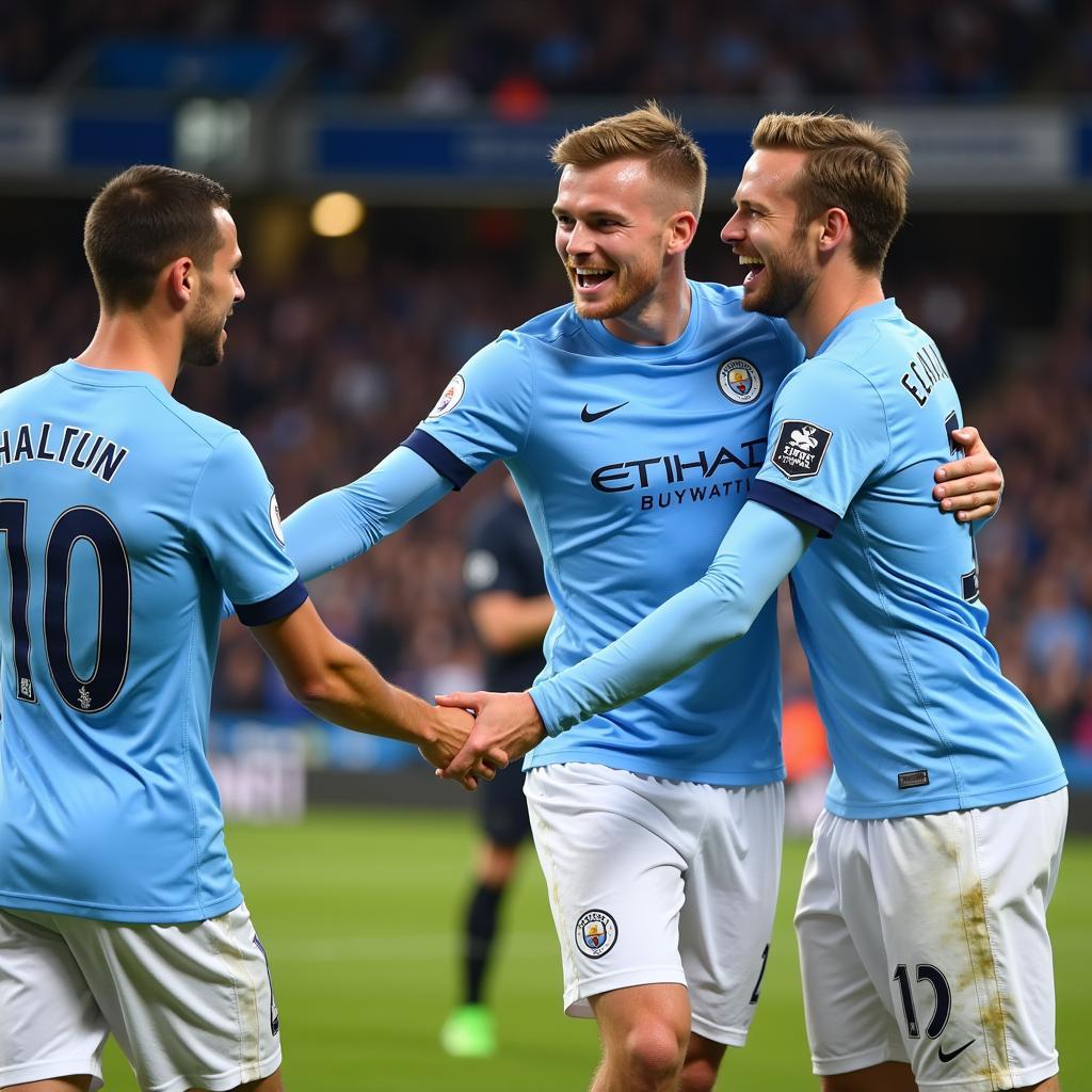 Haaland Celebrating with Manchester City Teammates After a Win