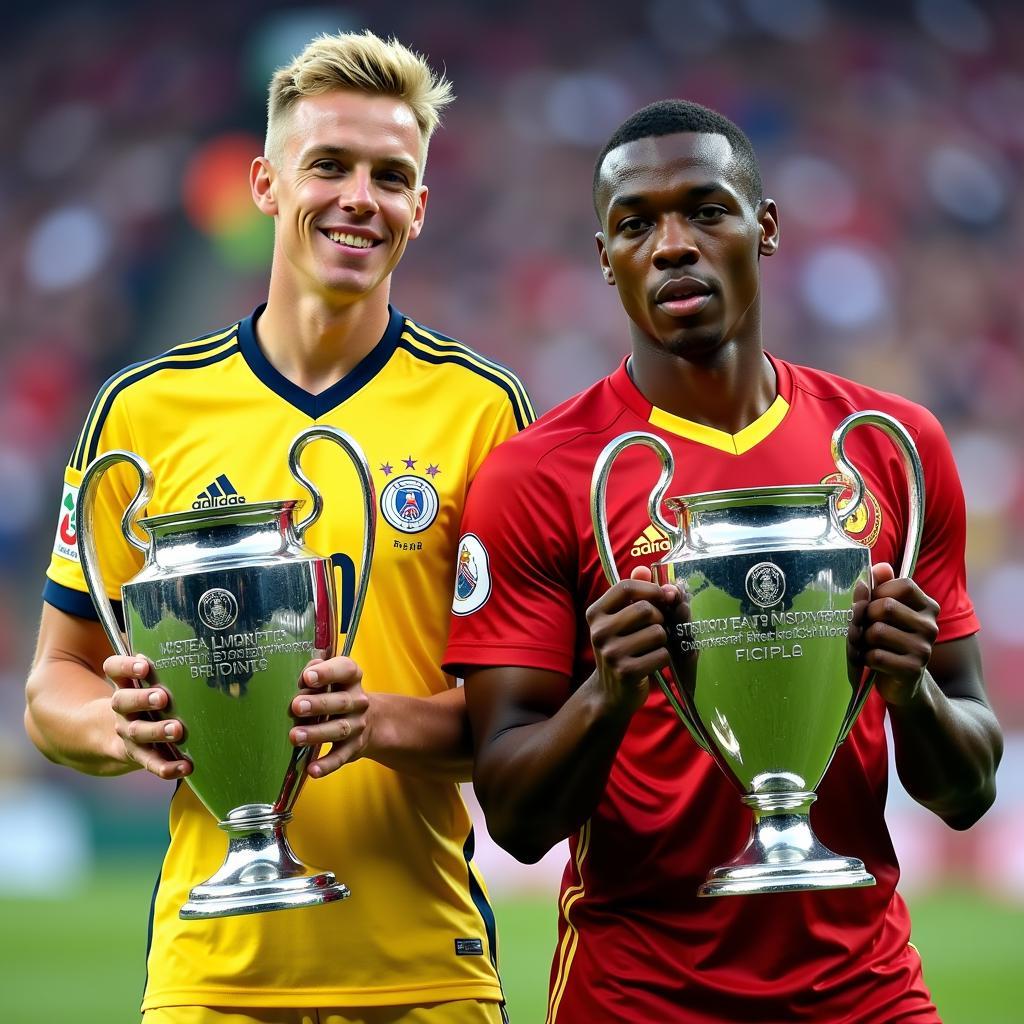 Haaland and Mbappé holding a Champions League trophy.