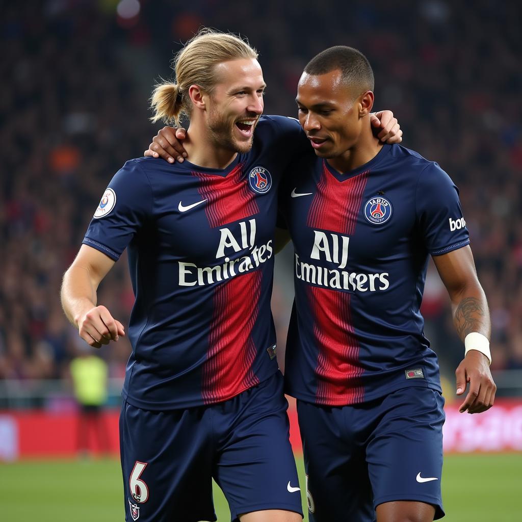 Haaland and Mbappe celebrating a goal for PSG