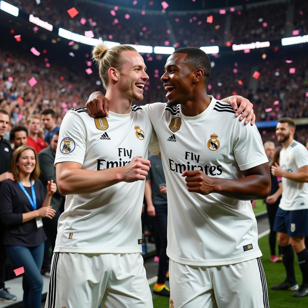 Haaland and Mbappe celebrating in Real Madrid kits