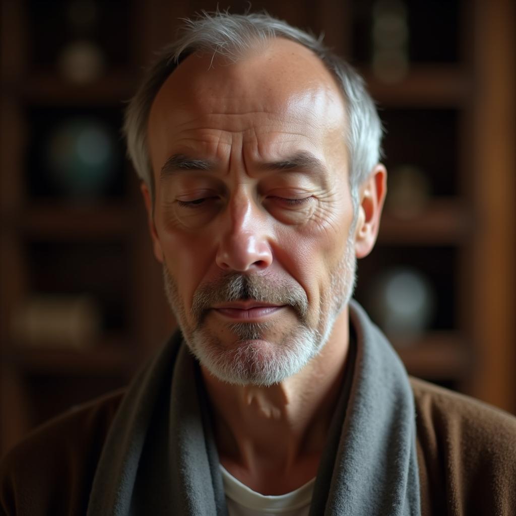 Close up of Erling Haaland's face during his Zen celebration, showing a look of serene concentration.