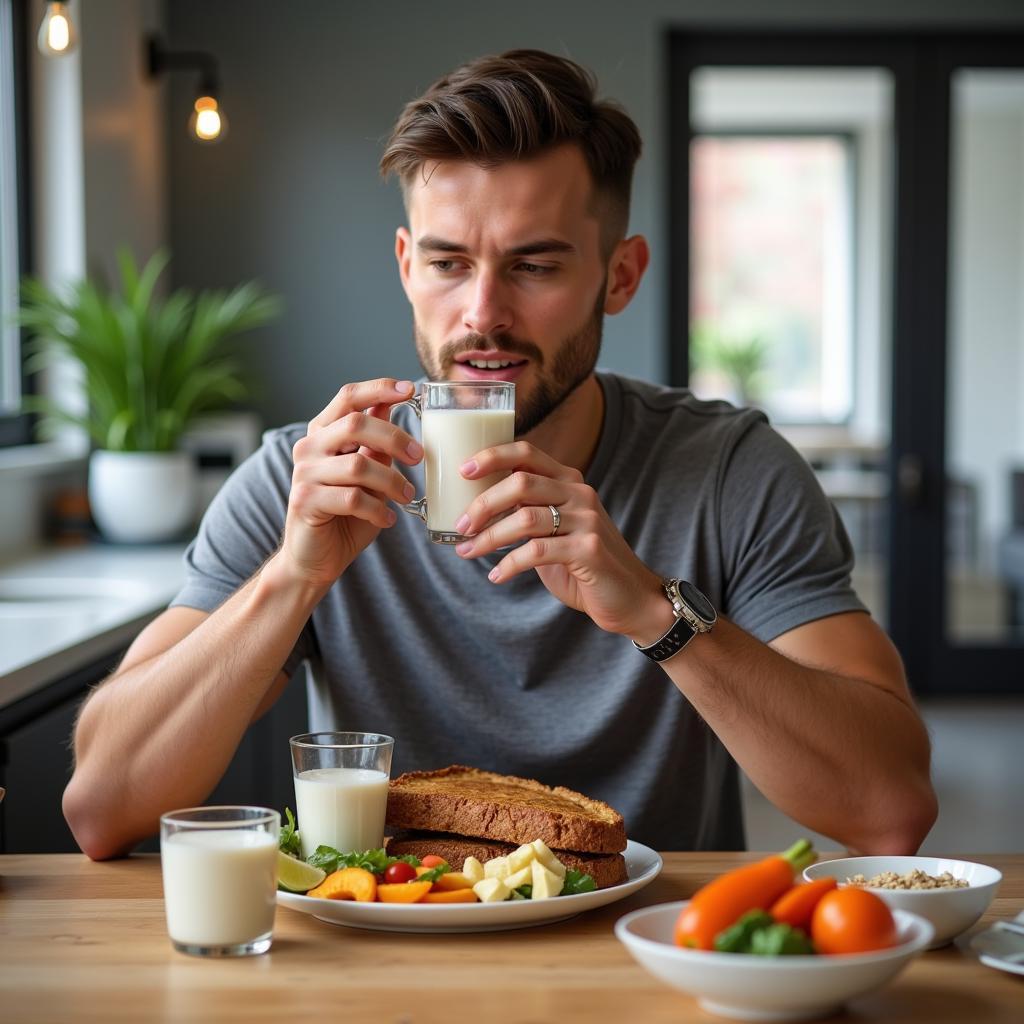 Erling Haaland with a glass of milk and a plate of healthy food, demonstrating his balanced diet