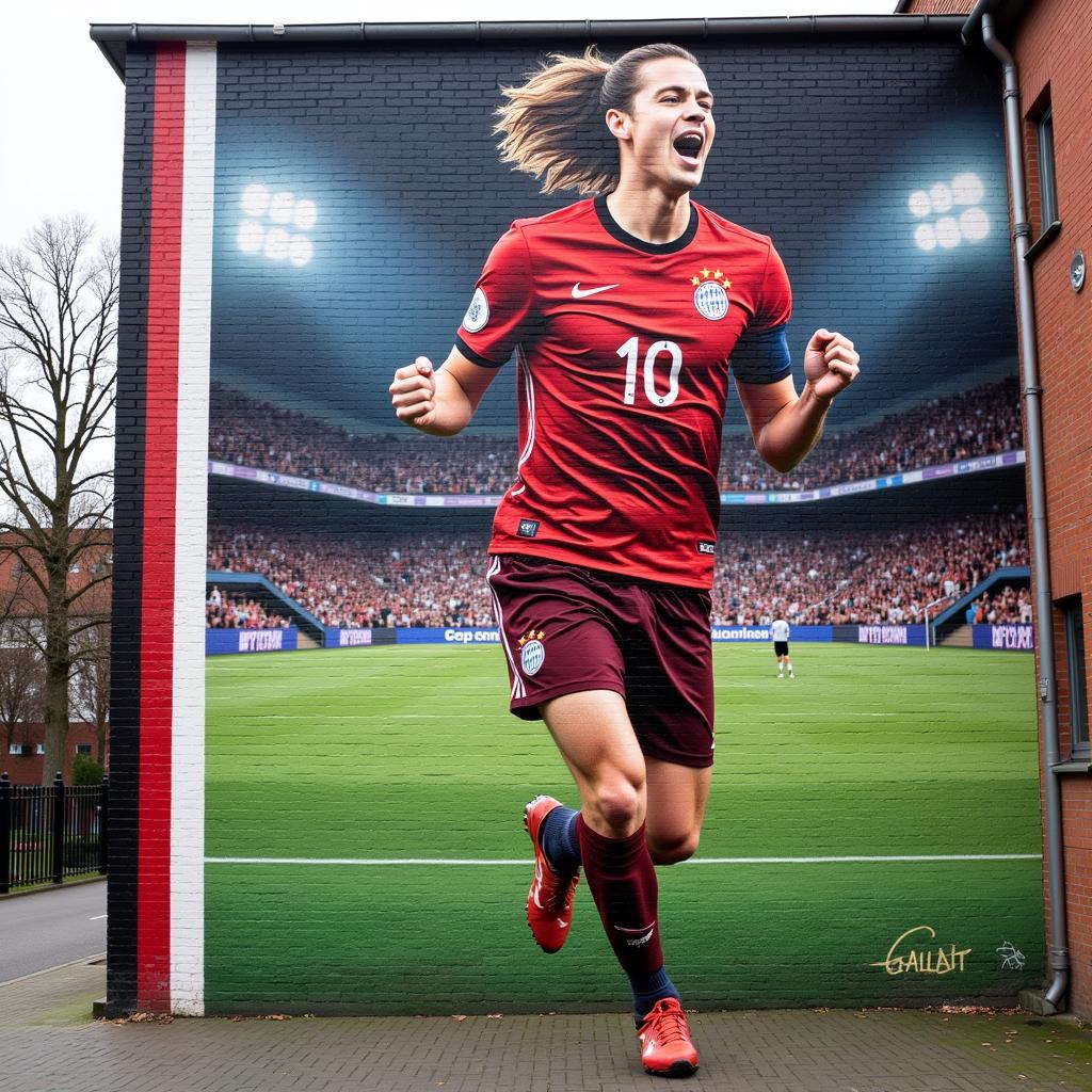 Haaland Munich Graffiti Mural: A vibrant and detailed mural depicting Erling Haaland celebrating a goal, showcasing the artist's skill and the player's iconic pose.