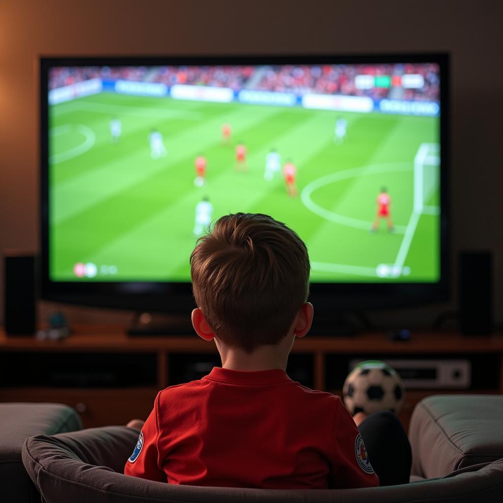 Haaland's nephew watching him play football on TV, cheering him on with excitement.