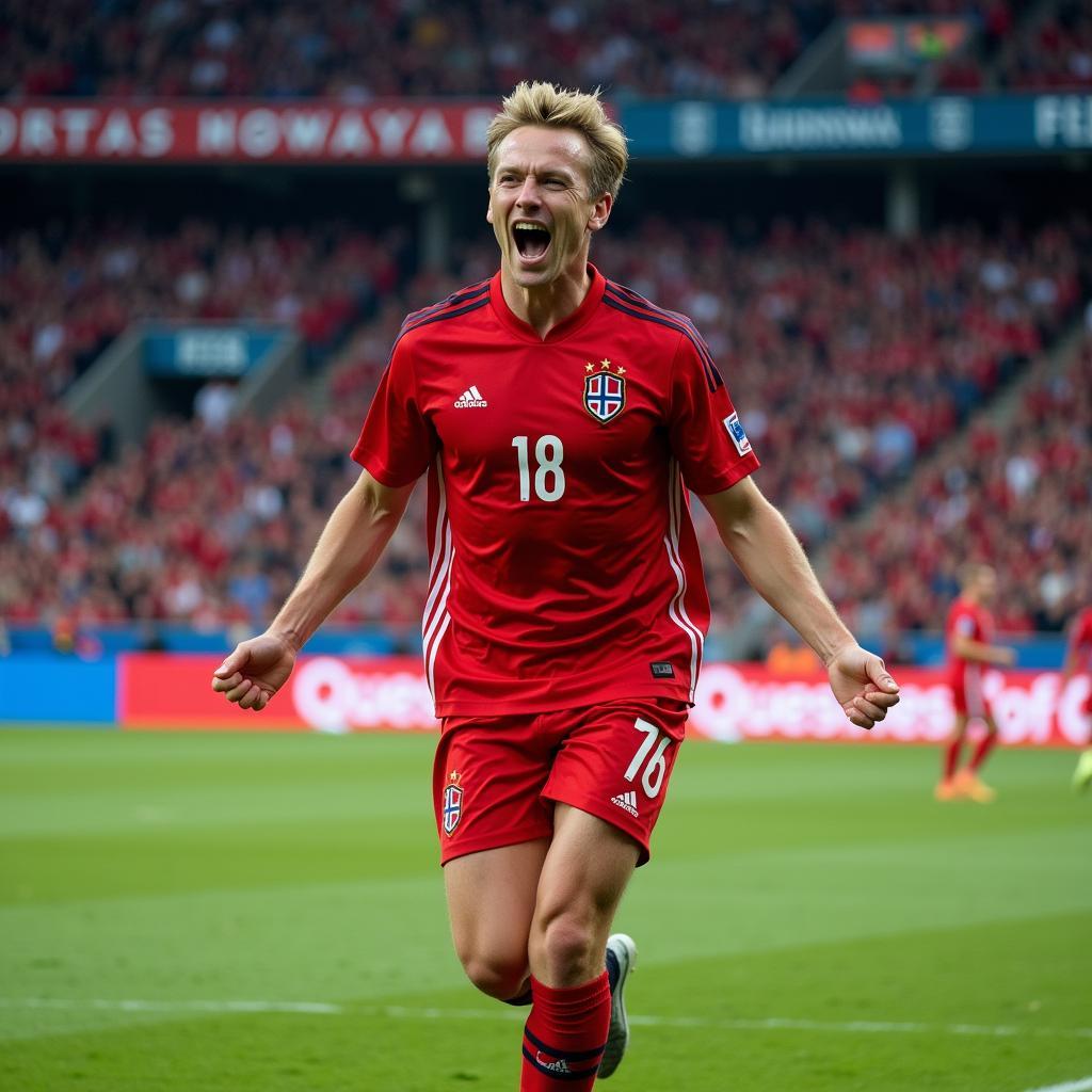 Haaland Celebrating a Goal in the Norge Drakt