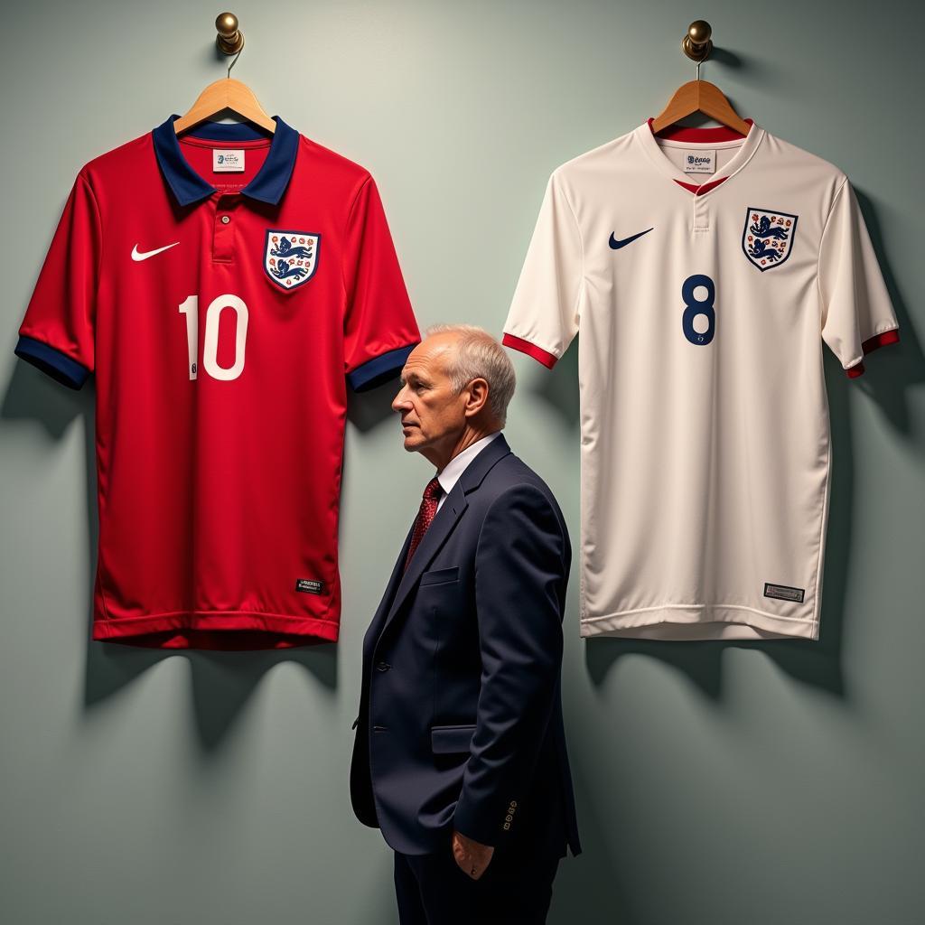 Erling Haaland standing between two jerseys - Norway and England.