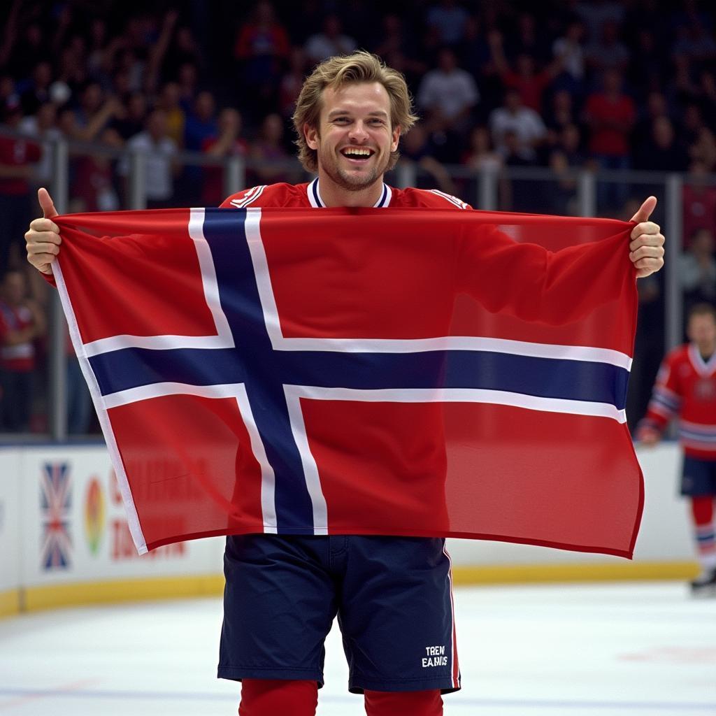 Erling Haaland celebrating a goal while draped in the Norwegian flag