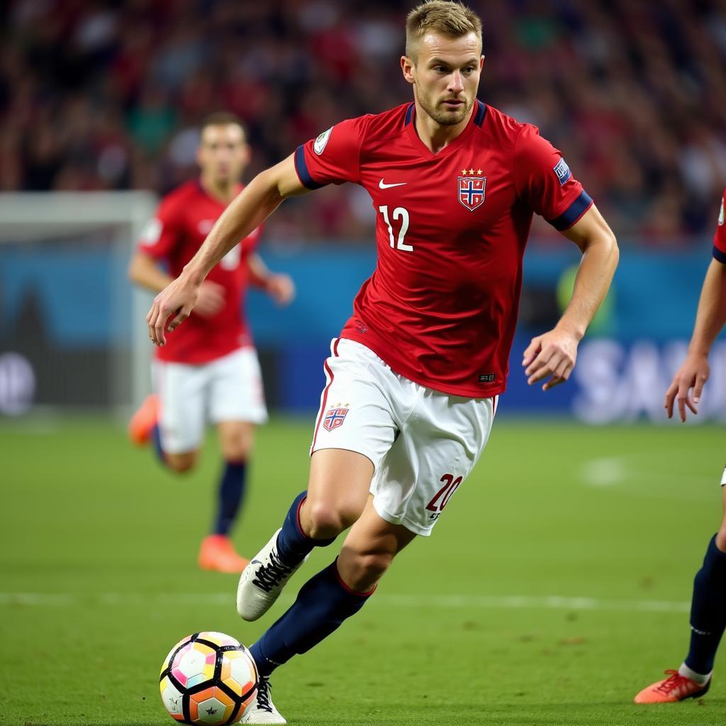 Erling Haaland in action wearing the Norway shirt