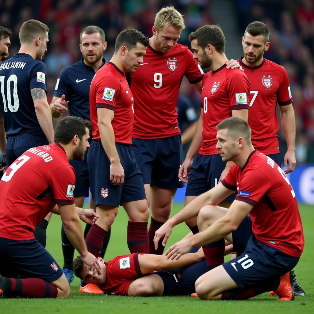 Norwegian players looking concerned as Haaland receives medical attention on the pitch.