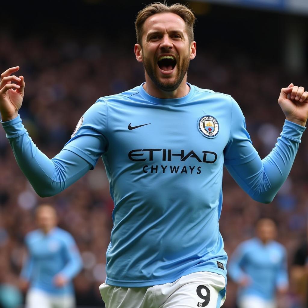 Haaland celebrates a goal wearing his number 9 Man City jersey