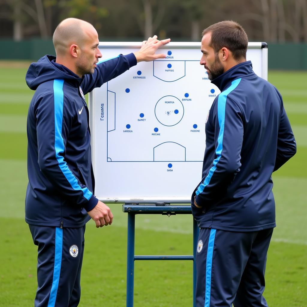 Haaland and Pep Guardiola in a tactical discussion before the Chelsea match