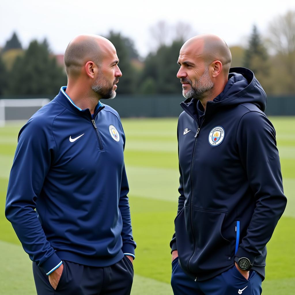 Erling Haaland and Pep Guardiola at the Manchester City training ground