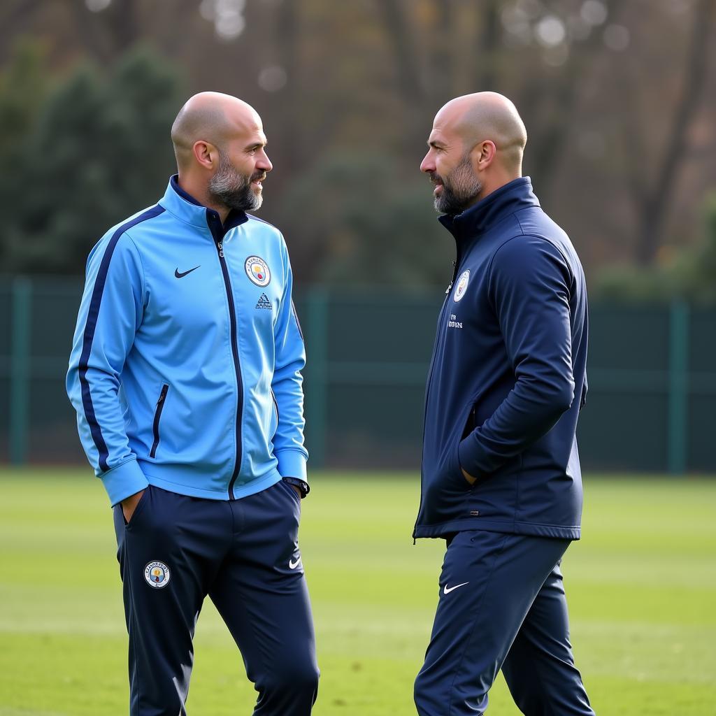 Erling Haaland and Pep Guardiola at the training ground